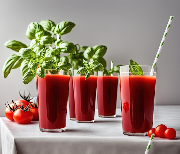 Tomatensaft mit frischem Basilikum und Minze auf schwarzem Hintergrund