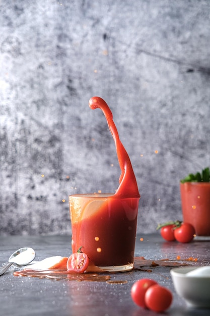 Tomatensaft, Tomatensaft in ein Glas gießen, Tomatensaft spritzen, auf grauem Hintergrund