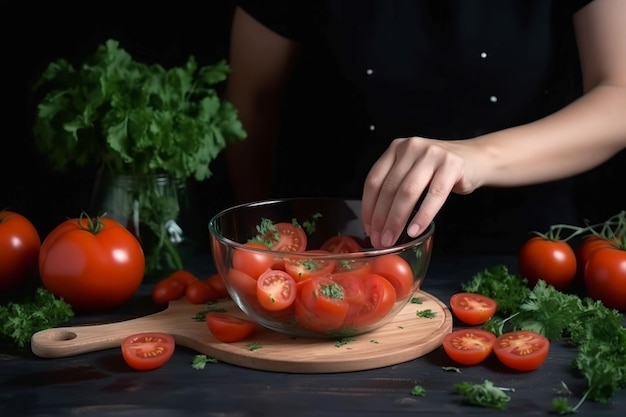 Tomatensalat mit der Hand machen, Mahlzeit kochen, Ai generieren