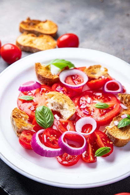 tomatensalat panzanella getrocknetes brot, zwiebel gemüsegesunde mahlzeit essen snack diät auf dem tisch