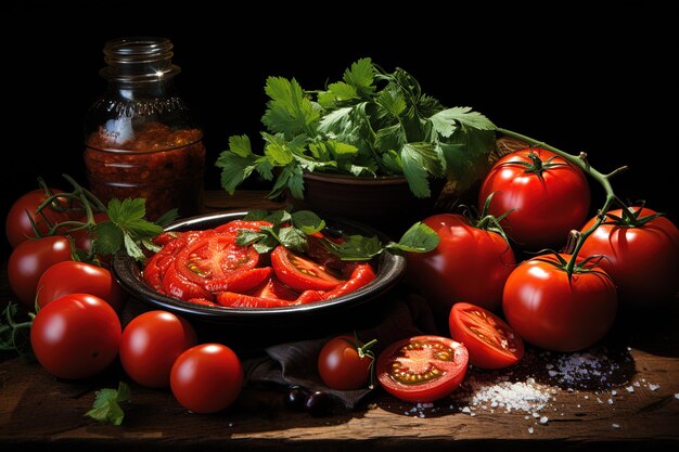 Tomatensauce mit Spezialisten Tisch mit einem Glas Tomatenpaste serviert und reich bemalt