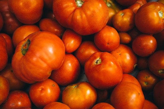 Tomatensorten bunter dunkler Hintergrund. Ansicht von oben.