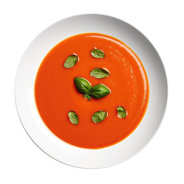 Tomatensuppe auf weißem Teller auf weißem Hintergrund