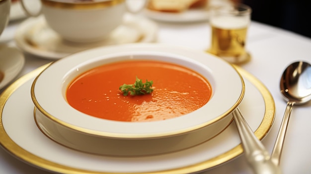 Tomatensuppe in einem Restaurant englische Landschaft exquisite Küche Menü kulinarische Kunst Essen und feines Essen