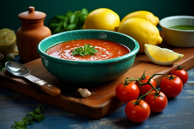 Tomatensuppe in einer blauen Schüssel, Löffel auf Holzplatte, Knoblauch, Salz und Zitrone, ein Bündel Grün auf gemischter Farbe