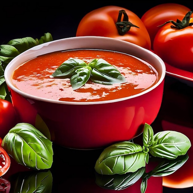 Foto tomatensuppe mit basilikum-gazpacho mit etwas blatt