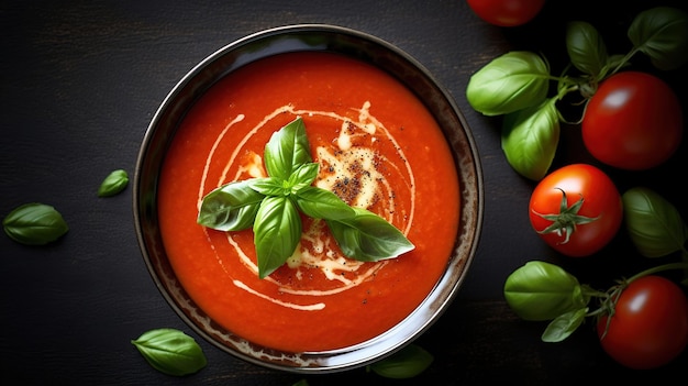 Foto tomatensuppe mit basilikum in einer schüssel ki-generiertes bild