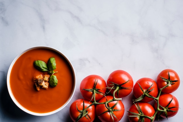 Foto tomatensuppe mit basilikum in einer schüssel