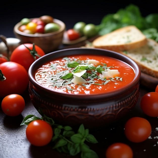 Tomatensuppe mit Basilikum und Parmesan in Tonschüssel auf dunklem Hintergrund
