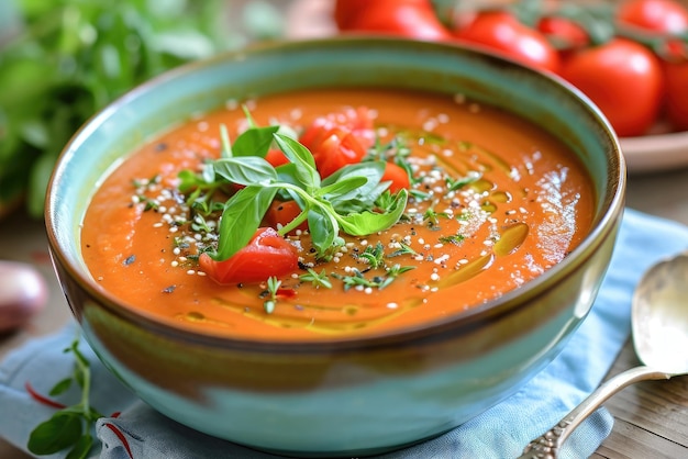 Tomatensuppe mit Zutaten auf rustikalem Holztisch