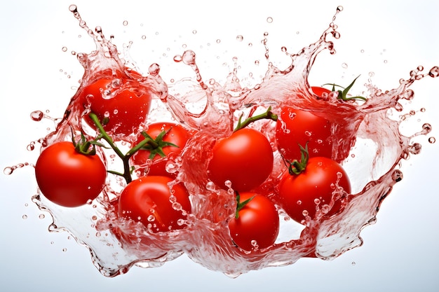 Tomatenwasserspritzer isoliert auf weißem Hintergrund Generative KI