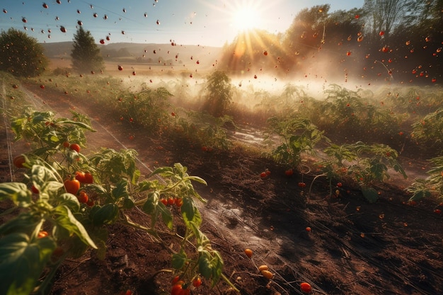 Tomates abundantes borboletas e cores dançantes suave e animada IA generativa