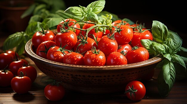 Tomates y albahaca en cuenco de madera ingredientes frescos