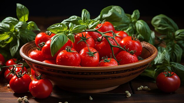 Tomates y albahaca en cuenco de madera ingredientes frescos