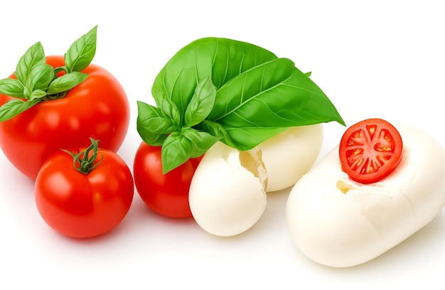 Tomates, albahaca y mozzarella, ingredientes aislados sobre fondo blanco.