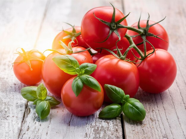 Tomates y albahaca sobre un fondo de madera