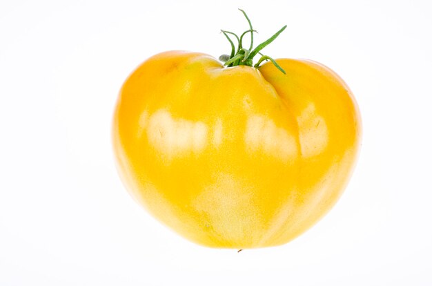 Tomates amarillos frescos aislados sobre fondo blanco. Foto de estudio.