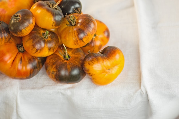 Tomates amarillos marrones deliciosos maduros frescos. Fondo de tomates rojos recién cosechados Dark Galaxy.