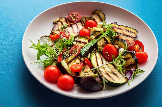 Tomates apetitosos brilhantes e vegetais saudáveis em salada verde fresca no prato