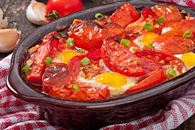 Tomates assados com alho e ovos decorados com cebolas verdes