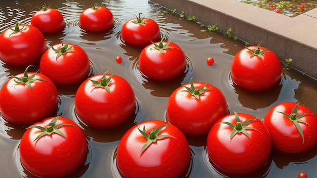 Tomates en una bandeja mojada y lista para lavar.