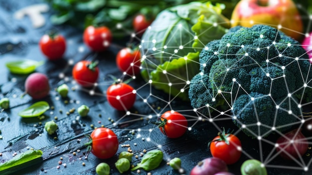 Tomates de brócoli y varias verduras en una mesa
