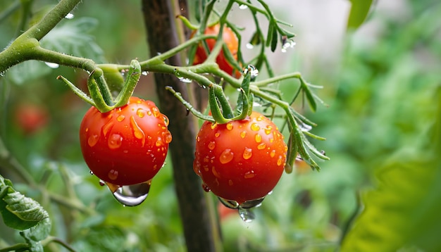 Tomates cereja amadurecem na videira em um jardim