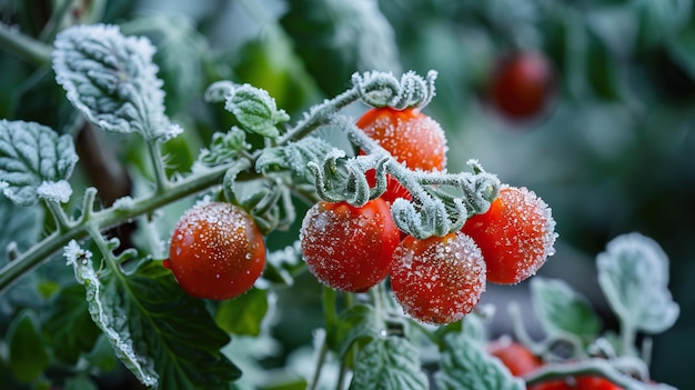 Tomates cereja crescendo no jardim após a primeira geada no chão geada nas plantas congelar de perto