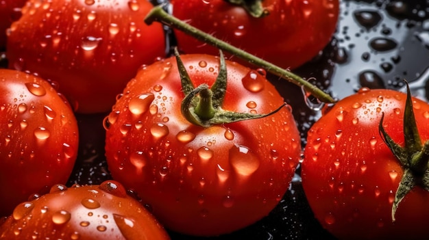 Tomates cereja frescos com gotas de água Vista superior IA generativa
