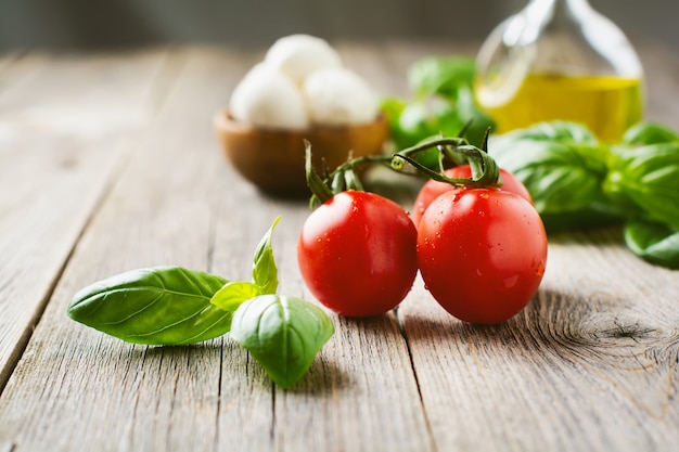 Tomates cereja frescos, folhas de manjericão, queijo mussarela e azeite em fundo de madeira velho