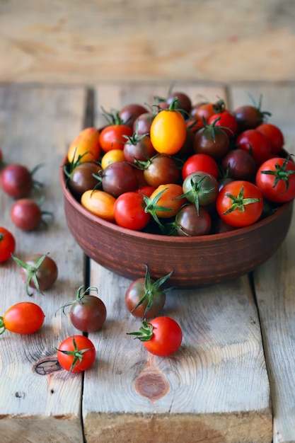 Foto tomates cereja multicoloridos em uma tigela