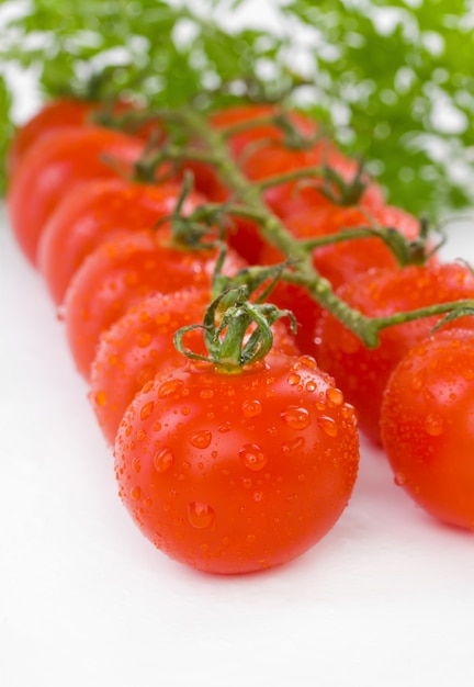 Tomates cereja orgânicos suculentos com folha verde