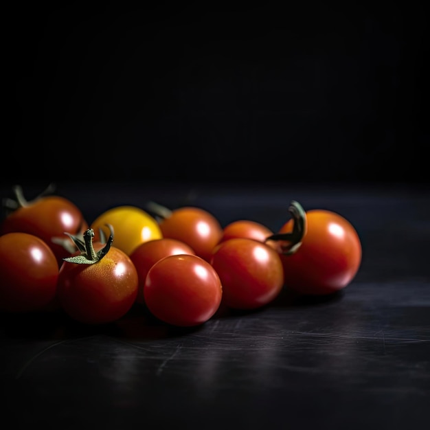 Tomates cereja vermelhos e amarelos em um fundo preto