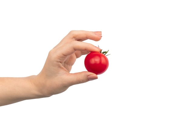 Tomates cereja vermelhos frescos e maduros à disposição, isolados em uma foto de fundo branco