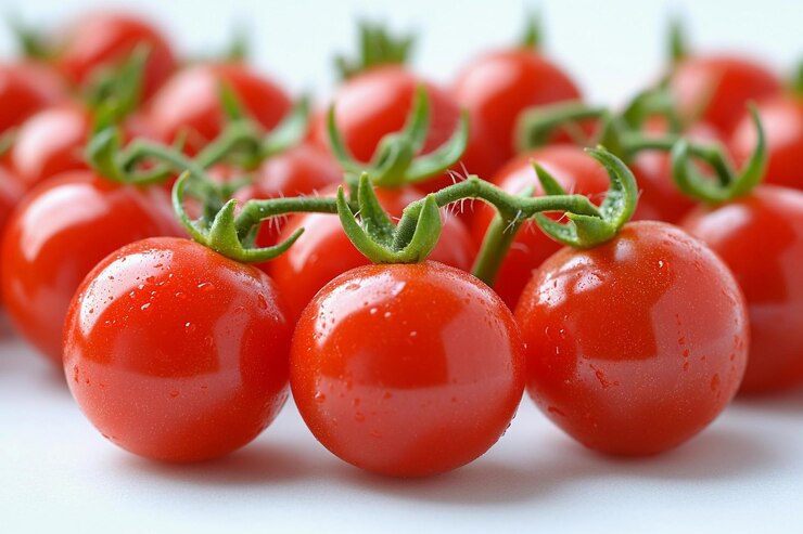 Tomates cereza frescos dispuestos cuidadosamente en una superficie blanca bajo una iluminación brillante IA generativa