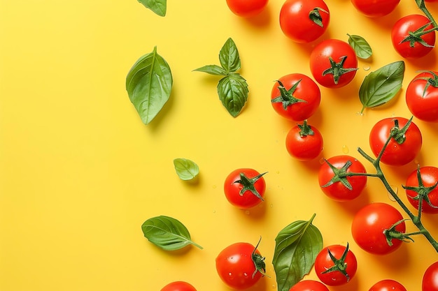 Foto tomates de cereza frescos y hojas de albahaca sobre un fondo amarillo