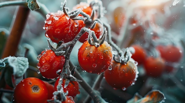 Los tomates cereza que crecen en el jardín después de la primera helada en el suelo la helada en las plantas se congela de cerca
