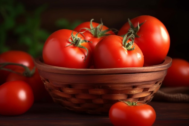 Tomates en una cesta sobre una mesa de madera