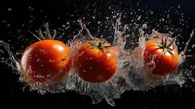 Tomates chapoteando en el agua sobre un fondo negro