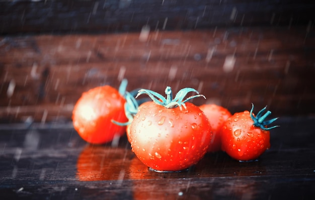 Tomates cherry de granja frescos sobre un fondo de madera después de la lluvia