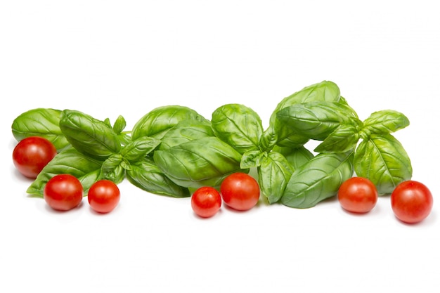 Foto tomates cherry y hojas de albahaca sobre un fondo blanco aislado. copia espacio