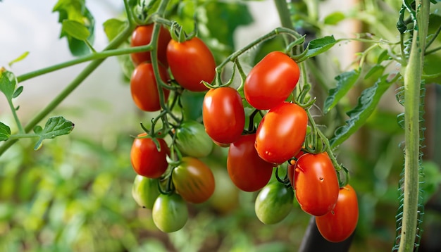 Los tomates cherry maduran en la vid en un jardín.