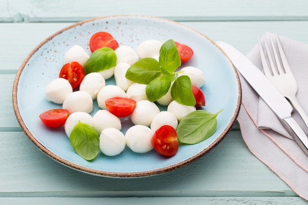 Tomates cherry, queso mozzarella y albahaca en plato