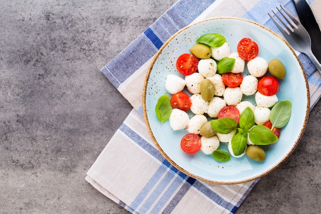 Tomates cherry, queso mozzarella y hierbas en placa