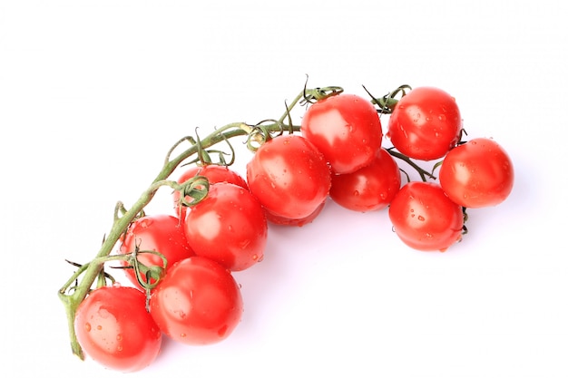 Tomates cherry en una rama aislada sobre fondo blanco