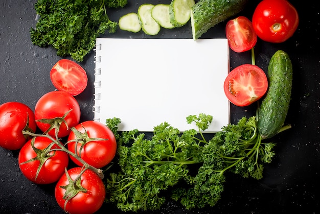 Tomates cherry en una rama, pepino, perejil