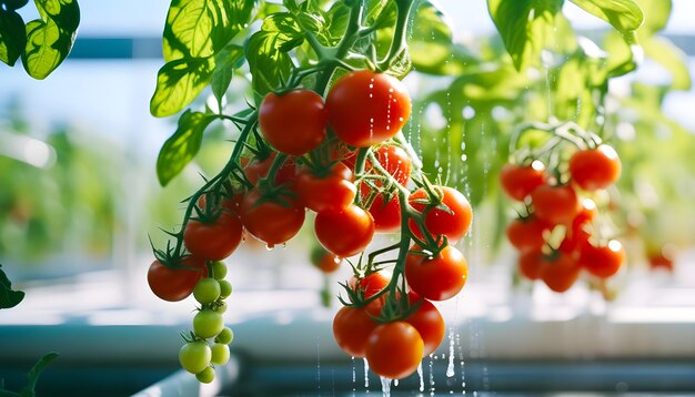 Foto tomates cherry vermelhos cultivados em uma fazenda inteligente hidropônica