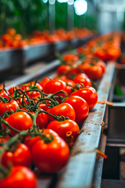 Foto tomates en cinta de producción foco selectivo