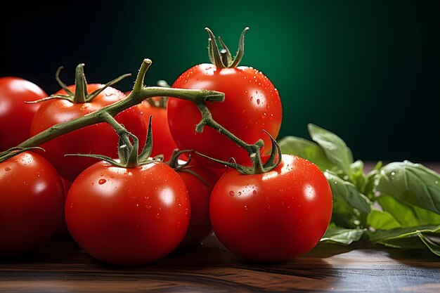 tomates de ciruela en una mesa de cocina detrás del concepto de comida vegana de fondo verde