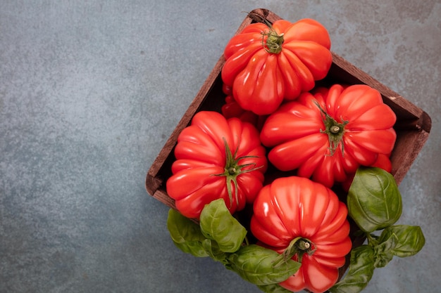 Tomates coeur con hoja de albahaca de cerca